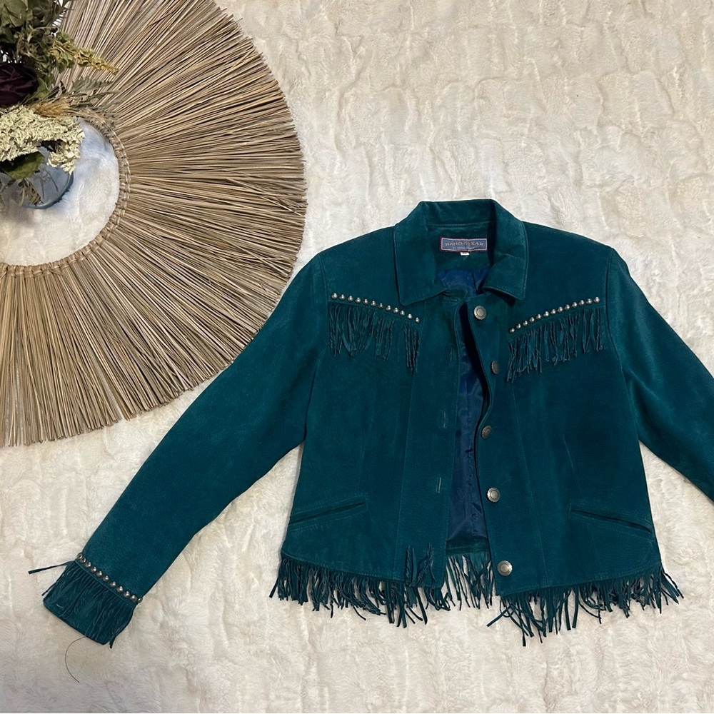 Double D Ranch Teal Leather Jacket with Fringe